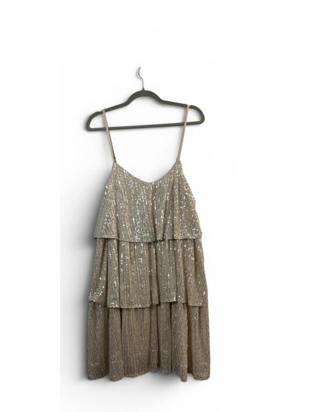 Women’s Champagne Gold Co Sequin Tiered Dress Size L Spaghetti Strap Cocktail